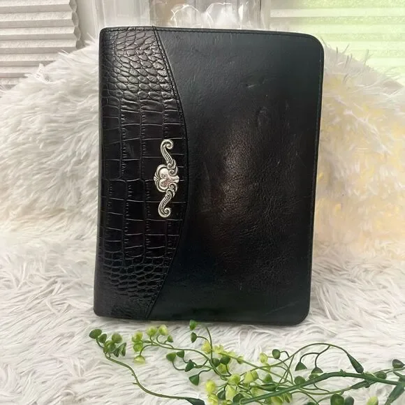 Brighton Black Leather Binder with Croc Emboss and Silver Decorative Clasp - Picture 1 of 13